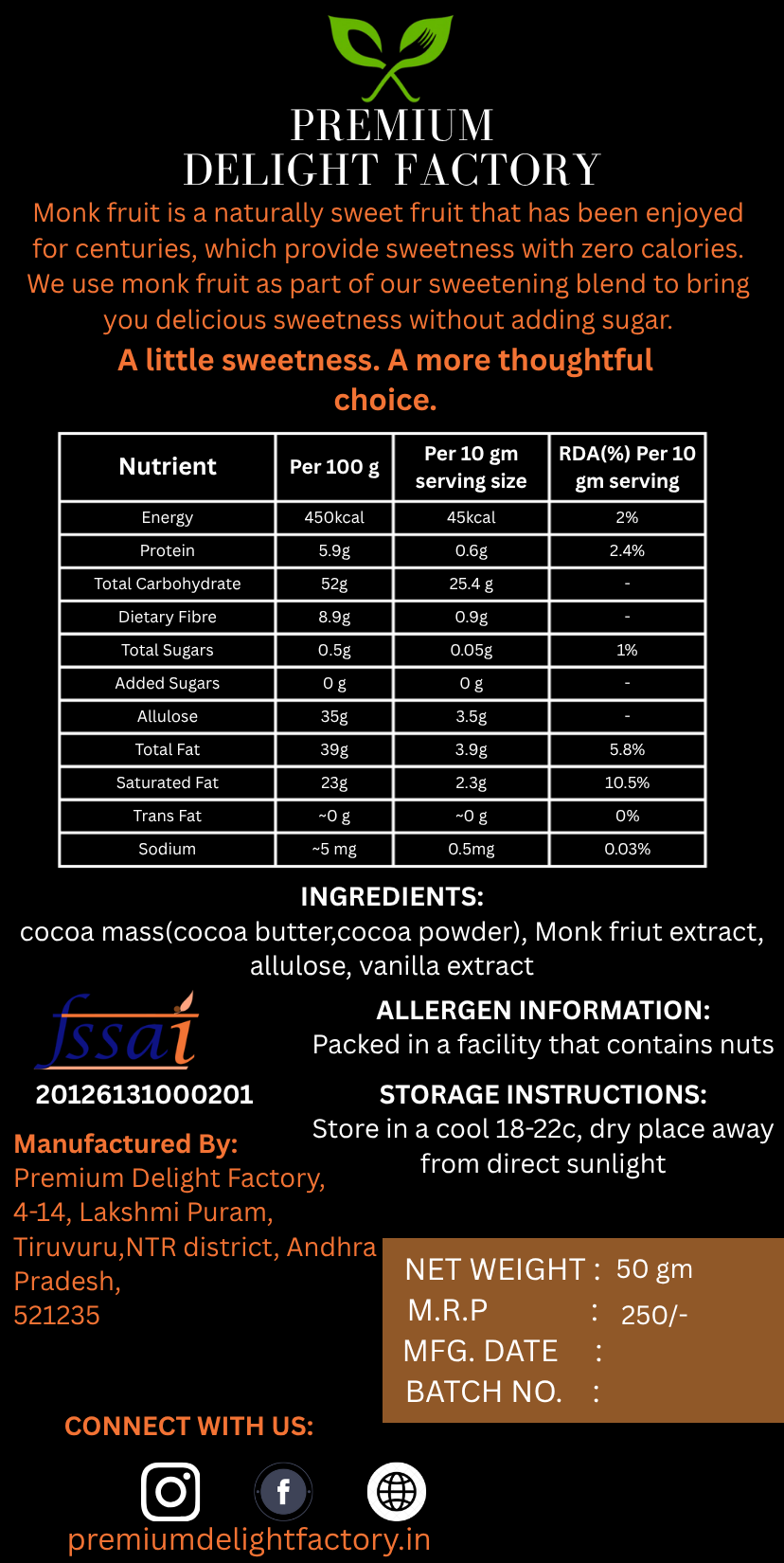 65% Dark Chocolate Sweetened with Monk Fruit, 50 gm  – Zero Added Sugar
