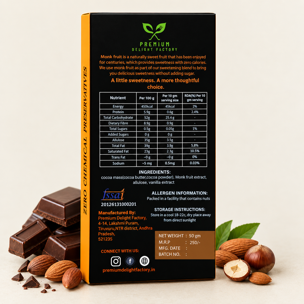 65% Dark Chocolate Sweetened with Monk Fruit, 50 gm  – Zero Added Sugar