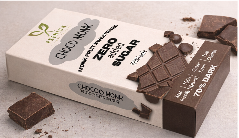 Choco Monk 70% Dark Chocolate bar with monk fruit sweetened, zero added sugar packaging