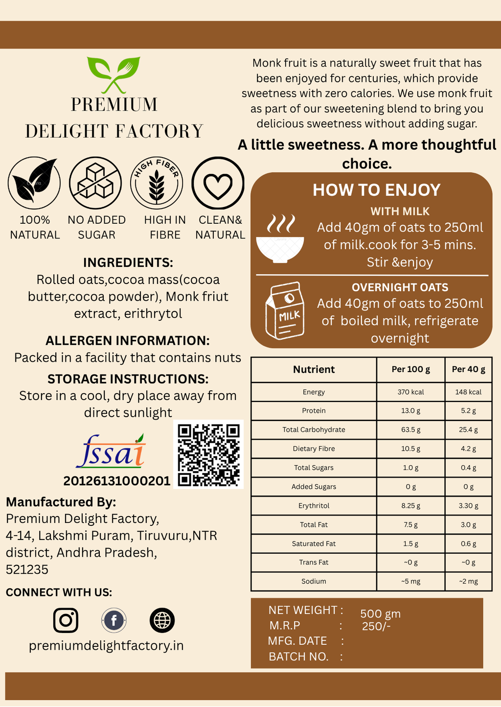 Dark chocolate oats, pack of 2(500gm each)-monk friut sweetened